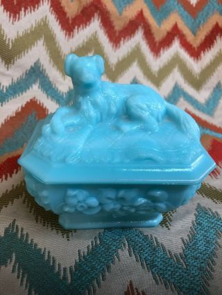 Antique Vallerysthal Blue Milk Glass Candy Dish With Dog Lid