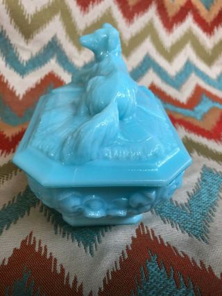 Antique Vallerysthal Blue Milk Glass Candy Dish with Dog Lid 2