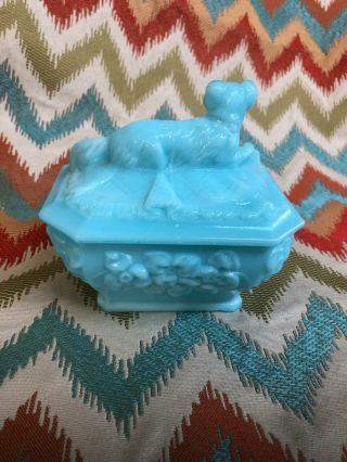 Antique Vallerysthal Blue Milk Glass Candy Dish with Dog Lid 3