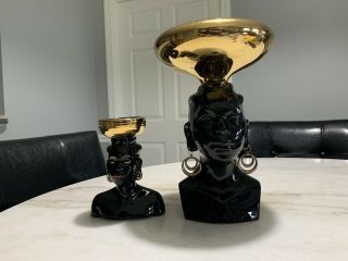 Vintage Exotic Black W/ Gold Accent Nubian Queen Head Vase / Bowl Planters