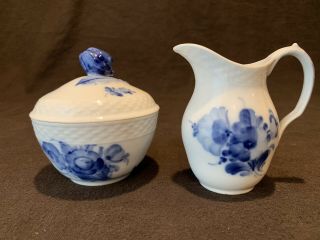Royal Copenhagen Blue Flowers Braided Sugar Bowl With Lid And Creamer 8081 8025