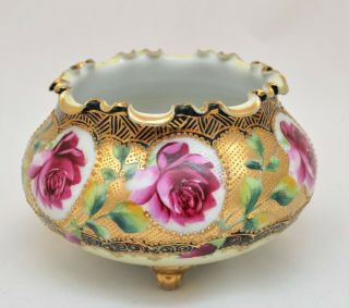 Antique Hand Painted Nippon Japan 3 - Footed Vase Pot Bowl Floral Gold
