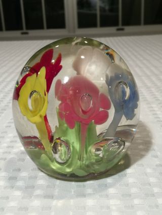Vintage JOE ST.  CLAIR Floral Art - Glass Suspended Bubble DISPLAY PAPERWEIGHT 3