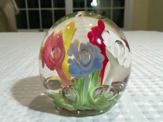 Vintage JOE ST.  CLAIR Floral Art - Glass Suspended Bubble DISPLAY PAPERWEIGHT 4