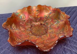Vintage Fenton Marigold Carnival Glass Ruffled Bowl W/ Holly & Berry Pattern