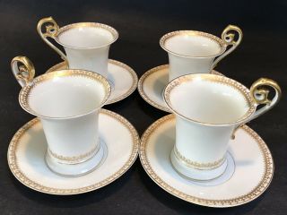 Set 4 Antique Limoges T&v Gold Empire Fleur Lis Chocolate Coffee Cup Saucers 8pc