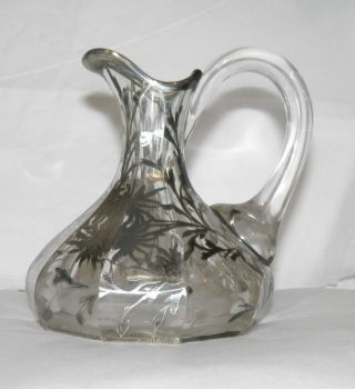 Antique Eapg Decagon Shaped Small Pitcher Sterling Silver Overlay Floral Pattern