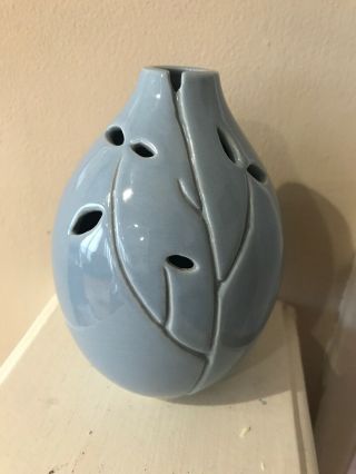Joanna Mendicino Hand Made Ceramic/ Porcelain Vase Blue With Leaf Cut Outs 61/2”