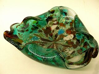 Mid - Century Murano Italian Art Glass Bowl Ash Tray Turquoise Silver Aventurine