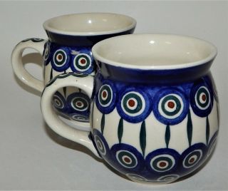 2 Polish Pottery Boleslawiec Hand Made Poland Coffee Tea Cup Mug Cobalt Peacock