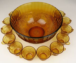 Vintage Indiana Glass Tiara Large Amber Glass Punch Bowl W/ 12 Cups -