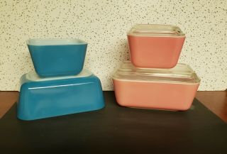 4 Vintage Pyrex Refrigerator Dishes And 2 Lids Pink & Blue 501,  502