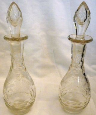 Vintage Clear Etched Butterfly & Flowers Cambridge Glass Set Of 2 Cruet Decanter