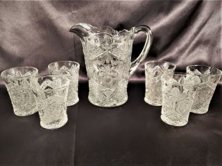 Indiana Glass Eapg Rayed Flower Water Set Pitcher And Tumblers 7 Pc