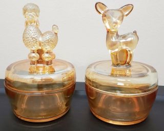 Jeannette Pink Depression Glass Powder Jar Fawn Deer & Poodle Vintage Trinket