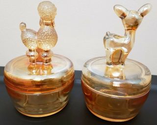 Jeannette Pink Depression Glass Powder Jar Fawn Deer & Poodle Vintage Trinket 3
