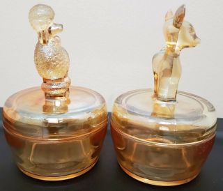 Jeannette Pink Depression Glass Powder Jar Fawn Deer & Poodle Vintage Trinket 4