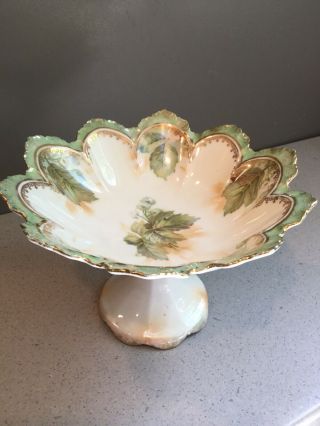 Antique Rs Prussia Gilded Leaves Porcelain Floral Bowl Pedestal Compote Luster