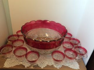 Vintage Indiana Glass Lexington Ruby Flashed Punch Bowl Set W/ 12 Cups