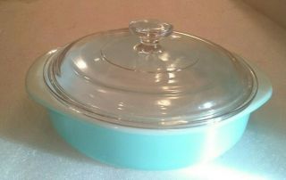 Vtg Pyrex Turquoise Aqua Dish Round Baking Cake Pie Pan W/lid - 221,  8 1/4 " Evc