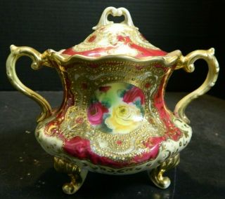 Vintage Hand Painted Gilded Nippon Rose Footed Sugar Bowl 6 " X 5 " X 6.  25 " V.  G.