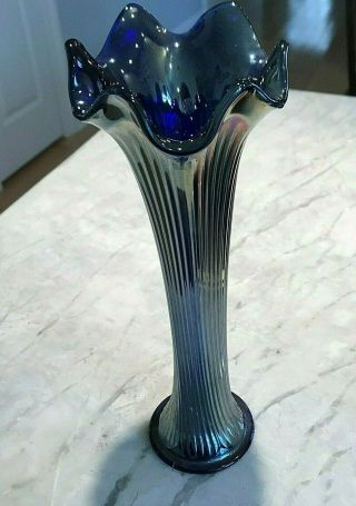 Vintage Fenton Carnival Glass Cobalt Blue Fine Ribbed Swung Vase 10”