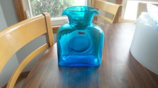 Vintage Blenko Two Spout Water Bottle Blue Glass Vase Pitcher 384