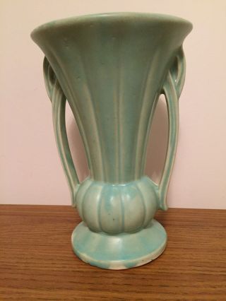 Vintage Mccoy Pottery Vase,  Aqua Color,  Art Deco Design,  9 1/4 Inches