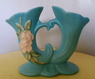 Vintage Weller Art Pottery Double Buds Flowers Turquoise Blue Clay Vase 6 "