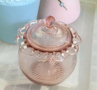 RARE Vintage Lg Lidded Pink Glass Bonbon Candy Jar Barrell Dish Scalloped Round 2