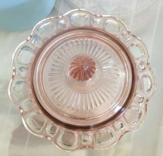 RARE Vintage Lg Lidded Pink Glass Bonbon Candy Jar Barrell Dish Scalloped Round 3