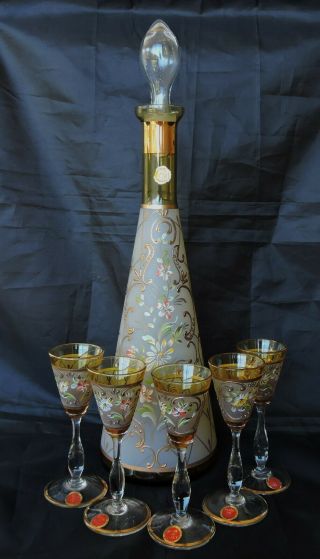 Fine Italian Hand Painted Glass Liqueur Decanter And Five Glasses - Amber Frost.