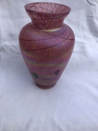 Vintage Art Glass Heart And Vine Pink 8” Vase