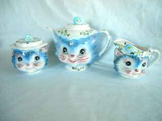 Lefton Miss Priss Blue Cat - Teapot - Creamer - Sugar