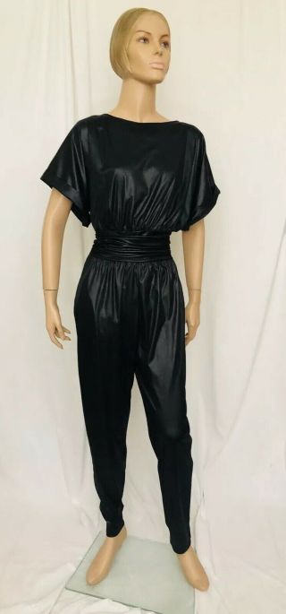 Vintage Black Jumpsuit Wet Look Disco Jerri Jee Cat Suit Pop Coveralls Shiny S