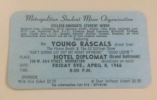 Young Rascals Admission Ticket To Concert/college Mixer In Ny City 4/8/66