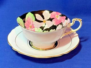 Paragon China Floral Chintz On Black Ground Cup And Saucer Set