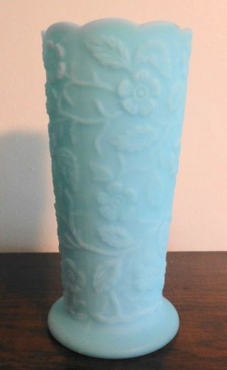 Fenton Blue Satin 8 Inch Tall Peacock Vase YOP 1971 - 1979 3