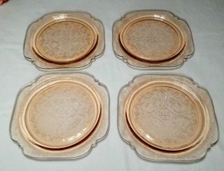 Set Of 4 Madrid Recollection Pink Depression Glass 10 1/2 " Dinner Plates,  Peach