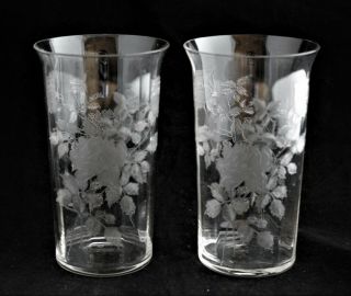 Antique Set 2 H.  C.  Fry Glass Etched Rose Pattern Ice Tea Tumbler