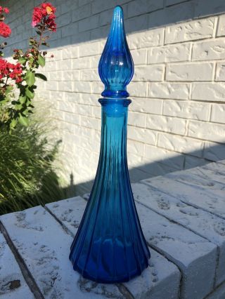 Vintage Mid Century Genie Bottle Decanter,  Ribbed,  Turquoise Blue,  10 3/4”