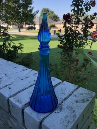Vintage Mid Century Genie Bottle Decanter,  Ribbed,  Turquoise Blue,  10 3/4” 2