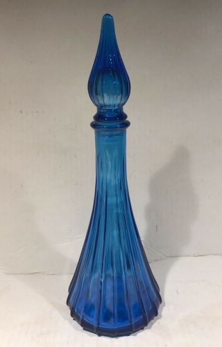 Vintage Mid Century Genie Bottle Decanter,  Ribbed,  Turquoise Blue,  10 3/4” 3