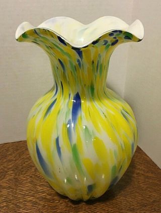 Yellow,  Blue & Green Hand Blown Spatter/end Of Day Cased Glass Vase