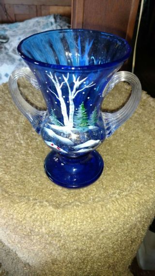 Fenton Cobalt Blue Mary Gregory Two Handled Vase Sgn.  Hp,