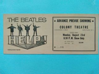 Beatles Ticket For Advance Preview Of “help” Colony Theatre Usa 1965