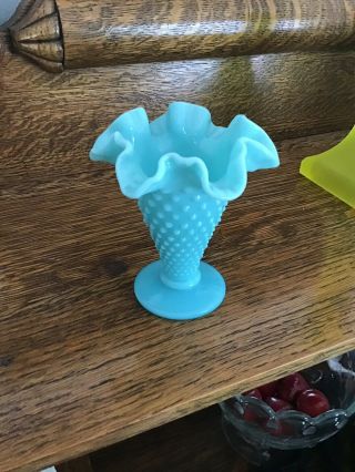 Fenton Turquoise Hobnail 4 Inch Crimped Vase