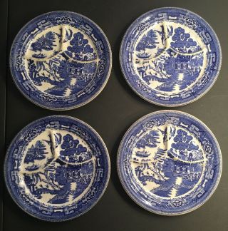Set Of 4 Wellsville China " Willow " Flow Blue Divided 9 1/2 " Grill Plate