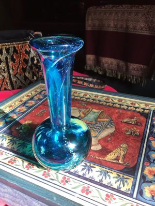 Vintage Mdina Art Glass Bud Vase Blue Signed On Base Medina 87