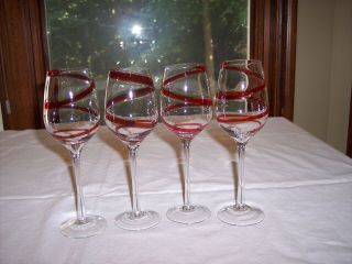 Set Of 4 Pier One 8 1/2 " Swirline Red Swirl 8 Ounce Wine Glasses